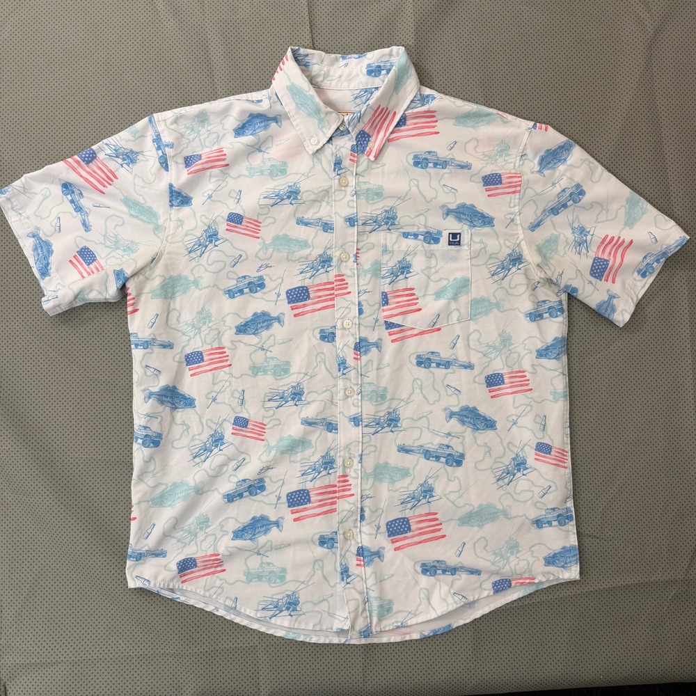 Huk Fishing Button Down Shirt Men M White Patriotic Flag Bass Truck Performance